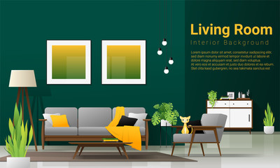 Interior background of modern living room in natural concept with wooden furniture , plants and green wall , vector , illustration