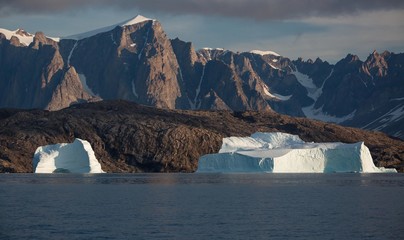  icebergs in  the  fjords of East Greenland in summer