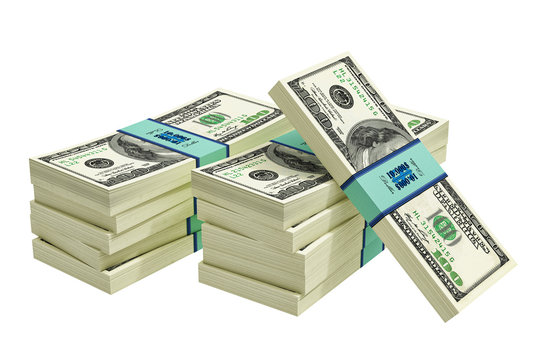Stacks of 100 Dollar bills isolated on white - 3D Rendering