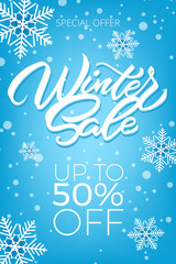 Winter sale poster with snowflakes. A large winter sale poster, advertising, booklet. Vector illustration with isolated design elements