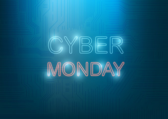 Cyber Monday Text with neon light effect and circuit lines.  Abstract digital and technology background. Vector Illustration.