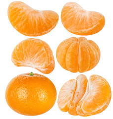 Collection of tangerine (mandarin). Slices and cut of citrus fruit isolated on white background. Tangerine, mandarin, clementine with clipping path