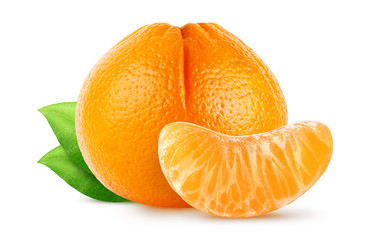 Isolated citrus fruit. Whole tangerine (mandarin) with leaves and segment isolated on white background with clipping path