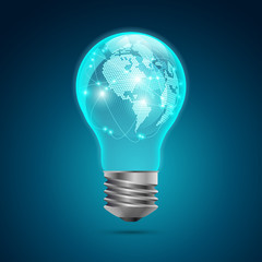 graphic of realistic light bulb with digital globe inside, concept of creative world technology