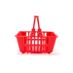 Red plastic basket isolated on a white background.