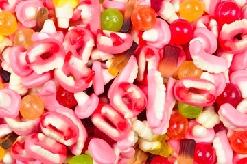 Assorted gummy candies. Top view. Jelly  sweets.