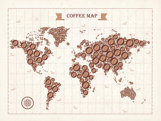 Coffee wirld map. Vector. Light background. Coffee break.