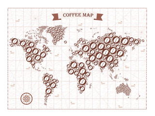 Coffee beans world map web design with wind rose on light background