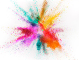 Explosion of colored powder on white background
