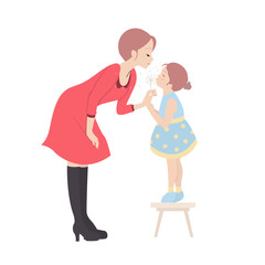 Mother and daughter characters blows dandelion on white background