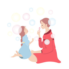Mother and daughter characters with soap bubbles on white background
