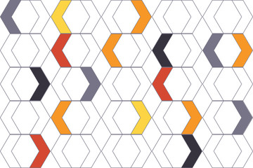 Seamless, abstract background pattern made with colorful chevron shapes uniting hexagon forms. Playful, modern vector art.