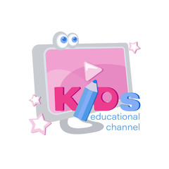 KIDs educational channel. Inscription and monitor. Design of the screen saver on the children's channel. Inscription for video channel, blog, children's store, studio.