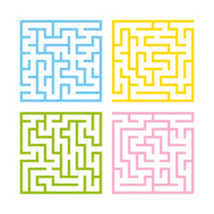 Set of colored square mazes. Game for kids. Puzzle for children. One entrances, one exit. Labyrinth conundrum. Flat vector illustration isolated on white background.