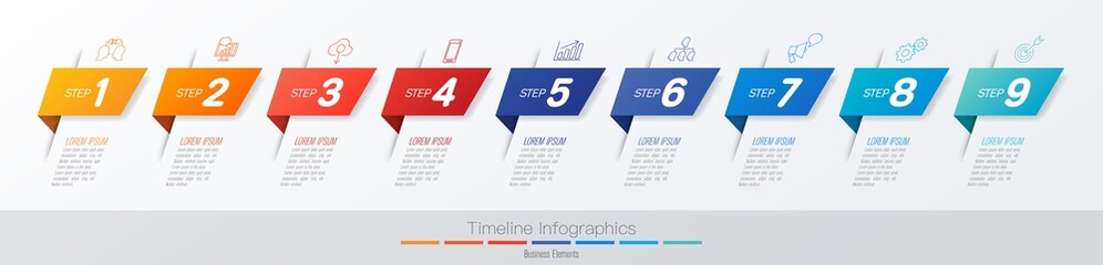 Timeline infographics design vector and business icons with 9 options.