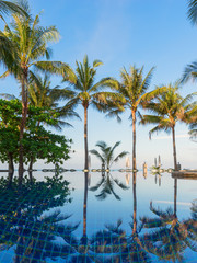 The palm trees from the seashore are reflected in the pool water