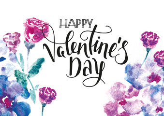 Begrüßung zum Valentinstag mit Kalligrafie und aquarelle Blumen.