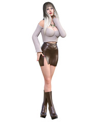 Long-haired brunette woman in leather shot skirt and long boots.Beautiful girl standing sexually explicit pose.Realistic 3D rendering isolate illustration.