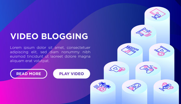 Video blogging concept with thin line isometric icons: vlog, ASMR, mukbang, DIY, stream game, review, collaboration, podcast, tips and tricks. Modern vector illustration, web page template.