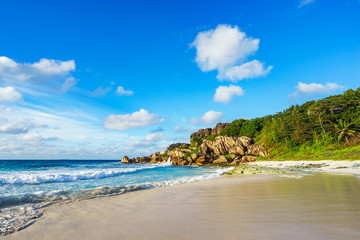 Fototapeta na wymiar paradise beach on the seychelles, grand anse, la digue 6