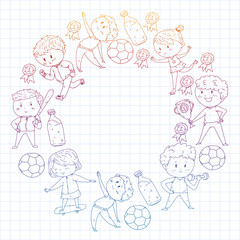 Children sport competitions. Young atheles playing soccer, football, baseball, basketball. Boys and girls running. Images of rhythic gymnastics, figure skating.