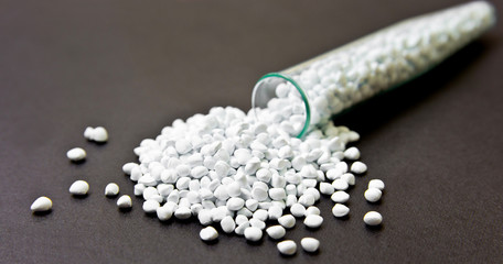 Plastic pellets . Plastic raw materials in granules for industry.