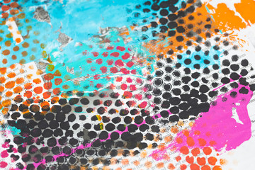 Digital created grunge background painting in bright colors of pink, turquoise, orange and black - 242020339