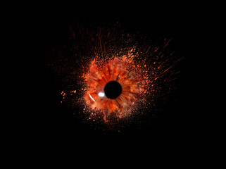 Conceptual creative photo of a female eye close-up in the form of splashes, explosion and dripping paint isolated on a black background. Female eye close-up with spray paint around. - 242020774