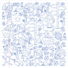 Happy children playing at seashore, beach, sea, ocean. Kids vacation and travelling. Swimming, doodle icons globe, cruise ship, cocktails.