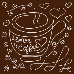 Drawing a continuous line, a Cup, the inscription" I love coffee " on a dark background. Vector illustration.