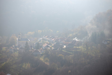 Fototapeta na wymiar Szarvasko, Hungary during foggy day