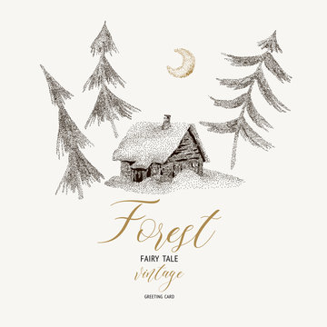 Vector black and white winter card with house covered snow