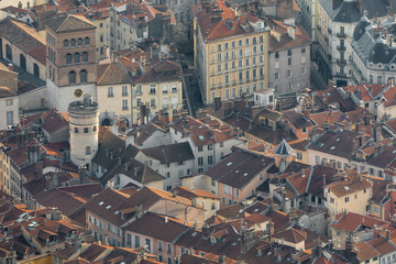 Grenoble, France, January 2019 : Aerial view of the cathedral notre dame neighbourhood.
