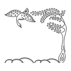 Beautiful Swan , unusual tree. Outline. hand drawn. Card design template, invitations and more. Vector illustration.