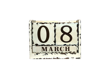 8 March Happy Women's Day with wooden block calendar isolated on white
