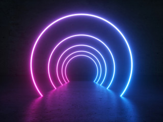 Neon Glowing Circle Round Shape Tubes On Reflection Concrete Floor