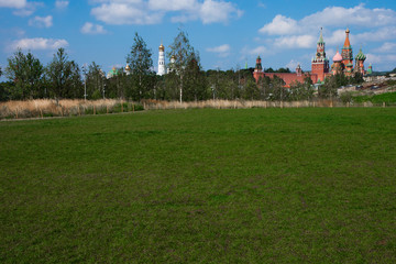 Fototapeta na wymiar Ivan the Great Bell Tower, Moscow Kremlin and big green meadow. Landscape with the symbols of Russia: the Moscow Kremlin, nature - birches, fields.