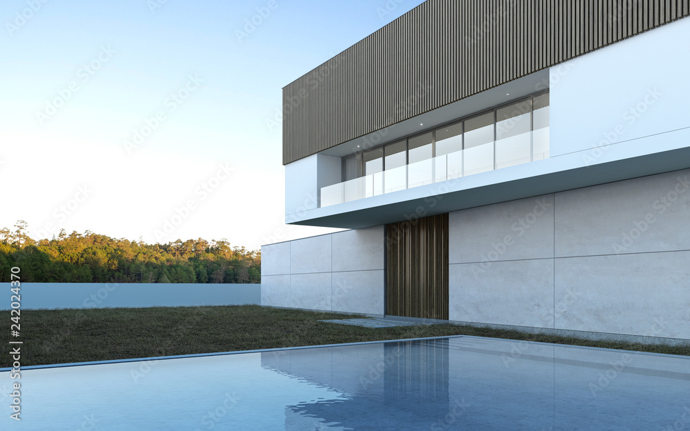 Aufkleber perspective of luxury modern house with swimming pool and lawn yard in day time, idea of minimal arc