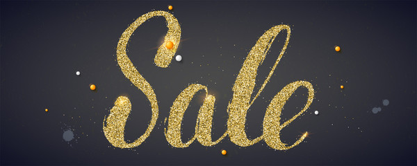 Sale. Banner with calligraphic lettering covered golden glittering dust. Elegant ad of discount actions. Abstract 3D illustration on blackboard with shining dust. Vector template for advertising