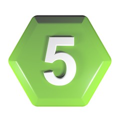 Number 5 green hexagonal push button - 3D rendering illustration