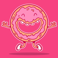 Donut jumping and smiling vector illustration. Food, candy, sugar, sport, happy design concept