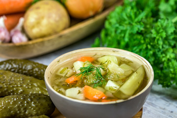 Vegetarian soup made of pickled cucumbers - light color of background
