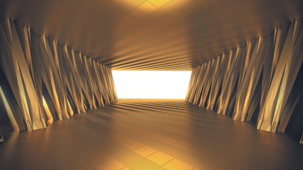 Futuristic Golden tunnel with light background, 3d illustration. 