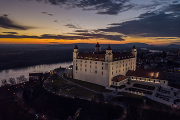 Aerial view of Bratislava Castle in the evening