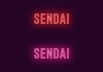 Neon name of Sendai city in Japan. Vector text