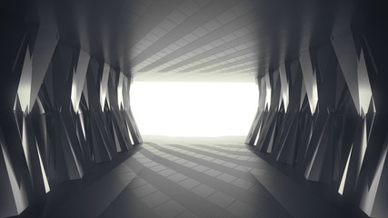 Futuristic Silver tunnel with light background, 3d illustration. 