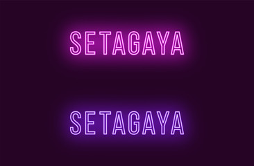 Neon name of Setagaya city in Japan. Vector text