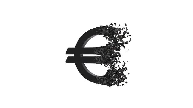 Fractured Euro value 3d model with disappearing effect. Financial crisis concept. Available in FullHD and HD video.