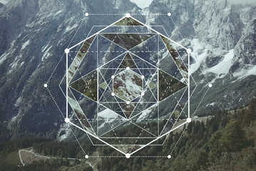 Collage with the mountains and forest and the sacred geometry symbol