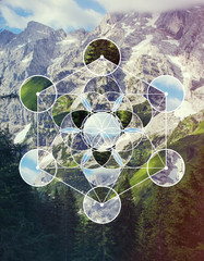Collage with the mountain landscape and the symbol Metatron&rsquo;s Cube